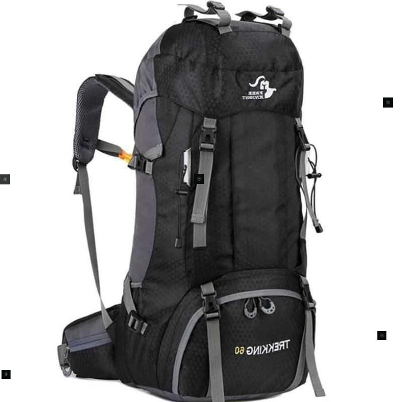 Black and gray hiking backpack with visible branding on a white background