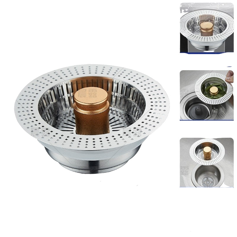 Stainless steel filter plug for sink with dimensions and features highlighted