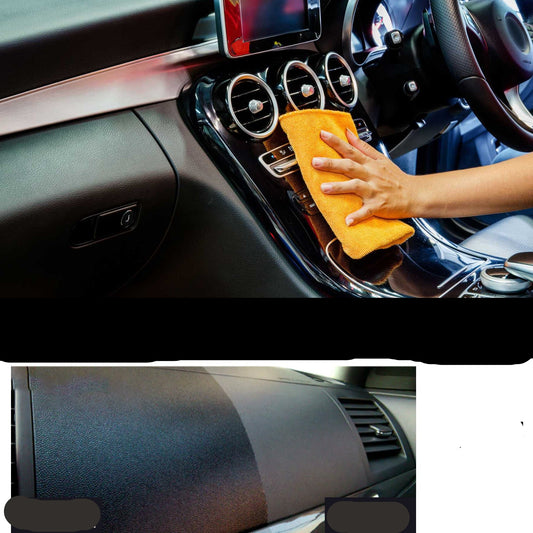 Person cleaning car interior with a yellow cloth, before and after comparison.