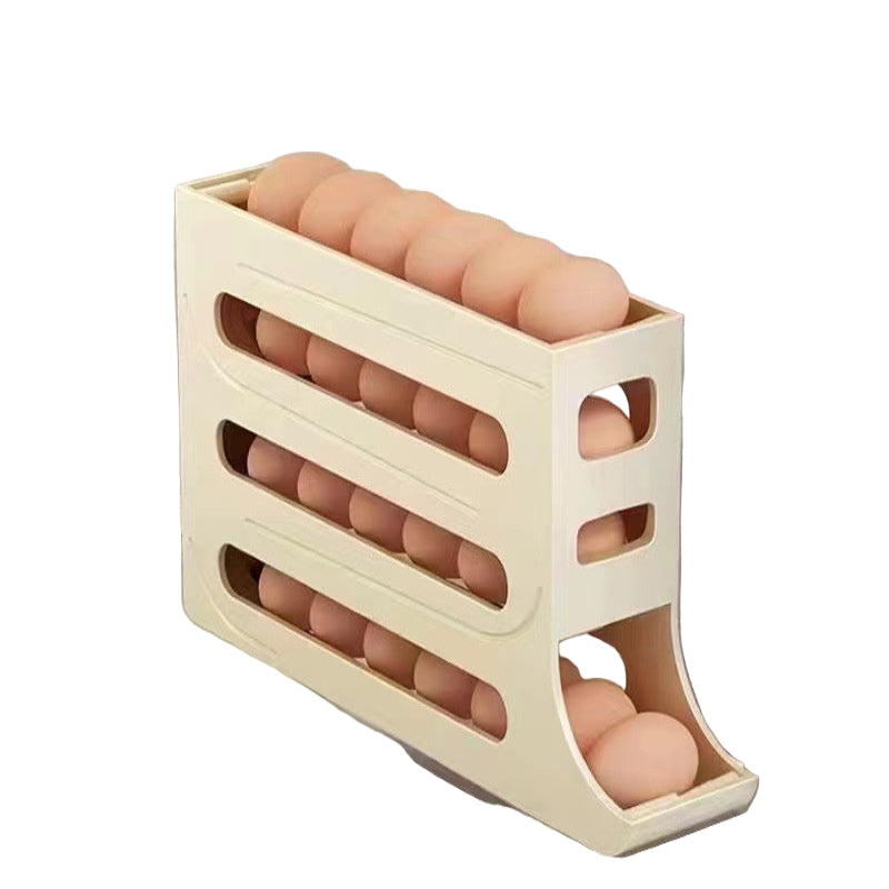 Beige egg holder with eggs inside, showing dimensions on a gray background