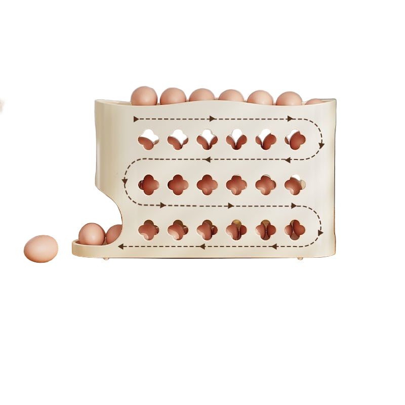 Egg holder with eggs on a kitchen counter, promoting freshness.