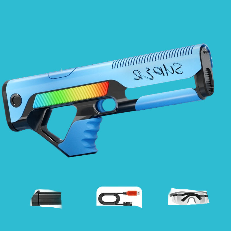 Electric water gun with features highlighted on a dark background