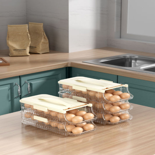 Set of egg storage containers on a kitchen counter with eggs inside.