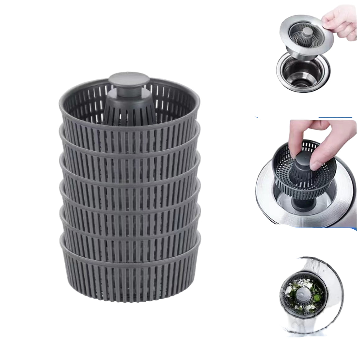 Sink bounce filter special basket with packaging and usage instructions on a white background