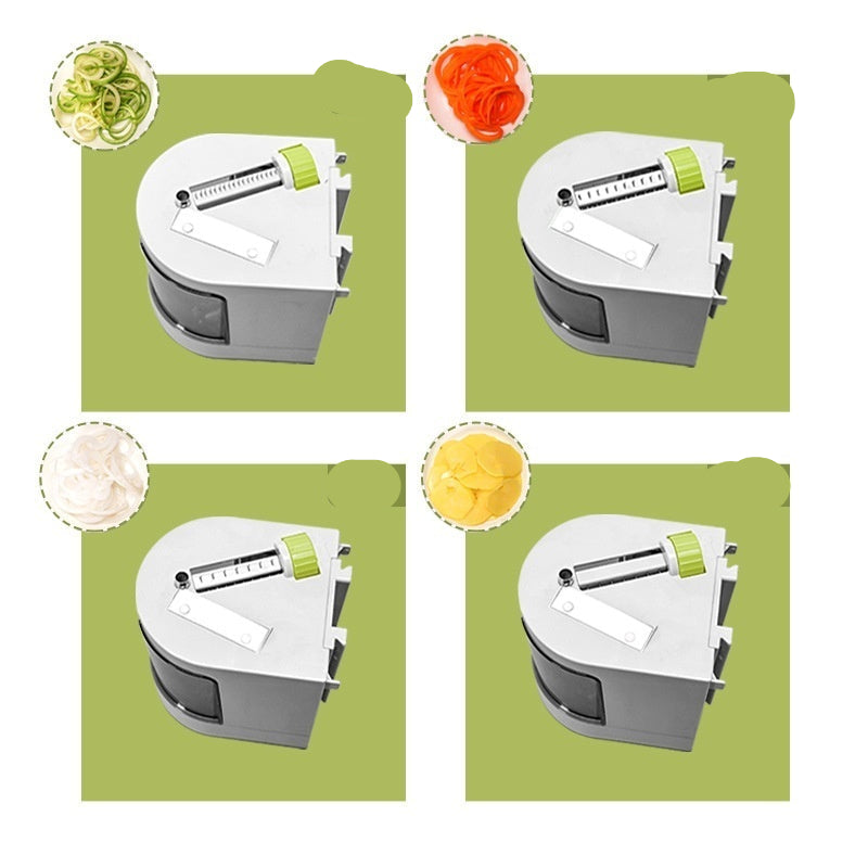 Multifunctional vegetable slicer with different blade settings on a green background