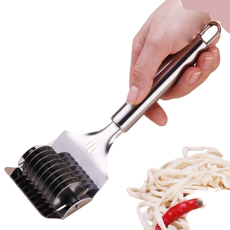 Noodle slicer with a hand holding it, surrounded by images of prepared noodles.