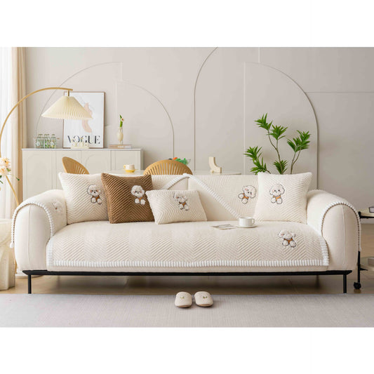 Cartoon Teddy Sofa Cushion Non-Slip Cover Towel – Flannel Dust Cover with Cute Animal Pattern