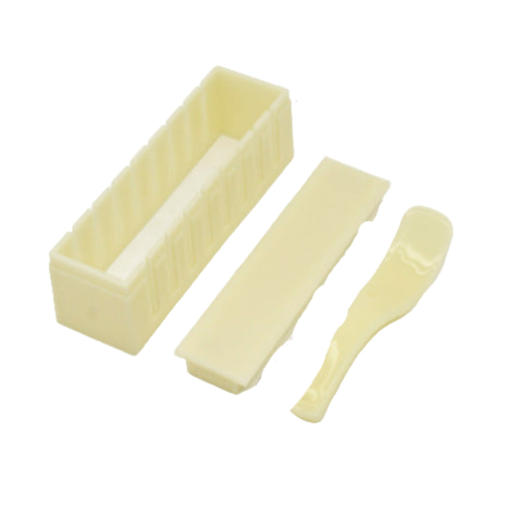 Beige silicone mold set with dimensions on a white background