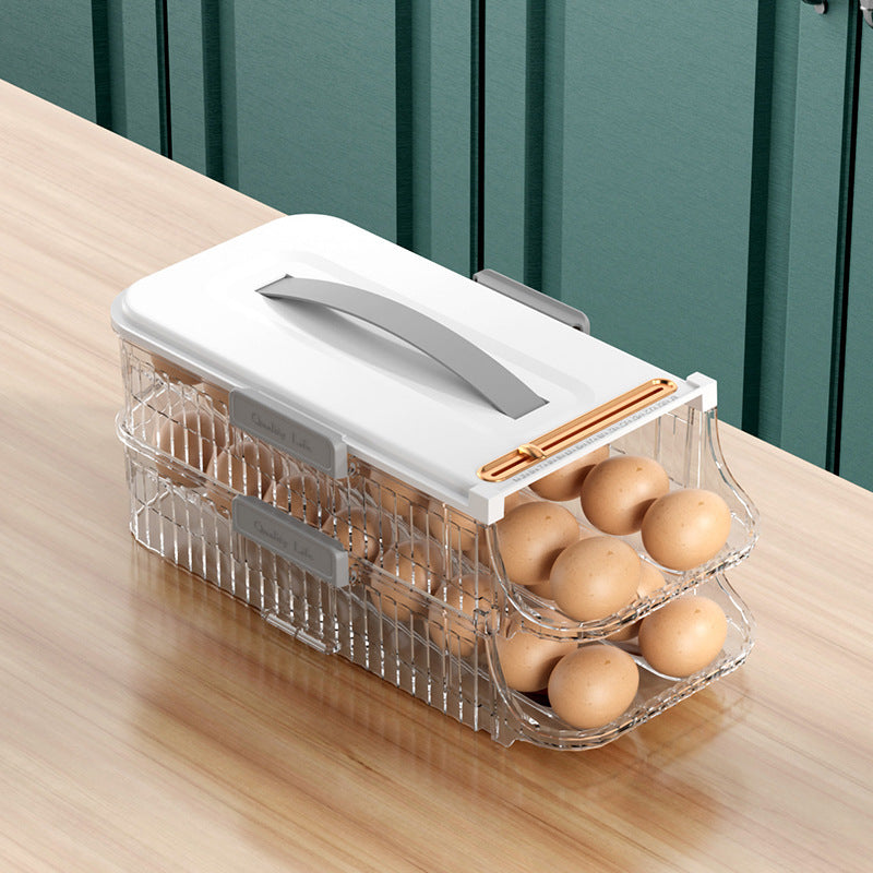 Clear egg holder with white lid on a wooden surface