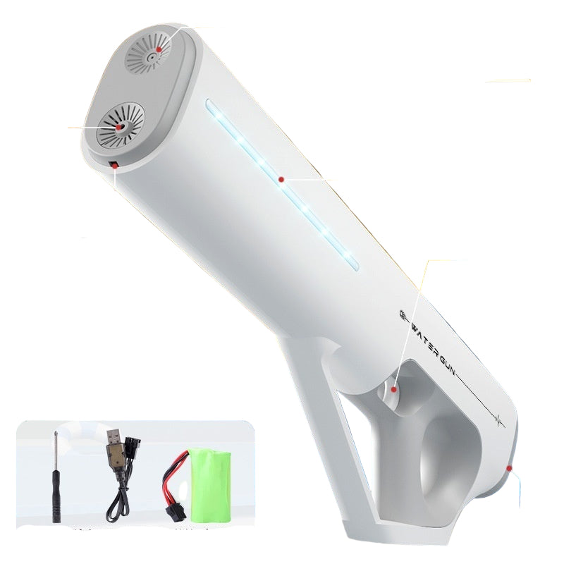 White handheld device with labeled parts and accessories on a colorful background