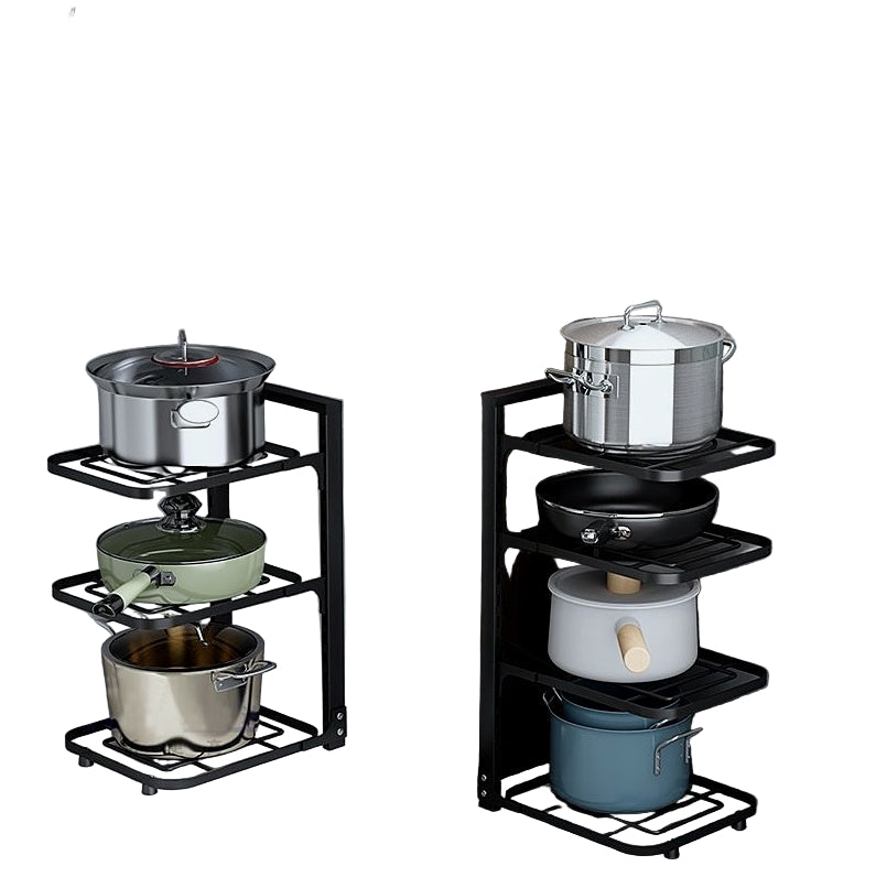 Kitchen storage rack with pots and pans inside a cabinet, countertop, and corner.