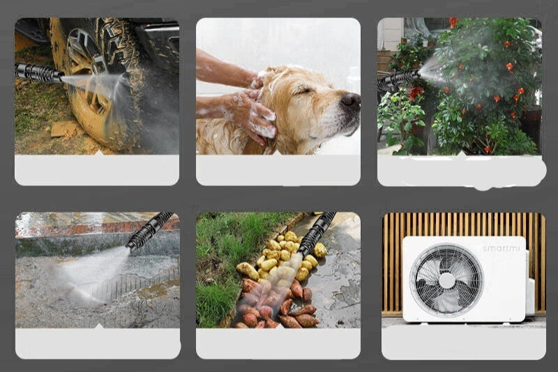 Multifunctional cleaning device with various uses including car washing, pet bathing, and cleaning air conditioner.