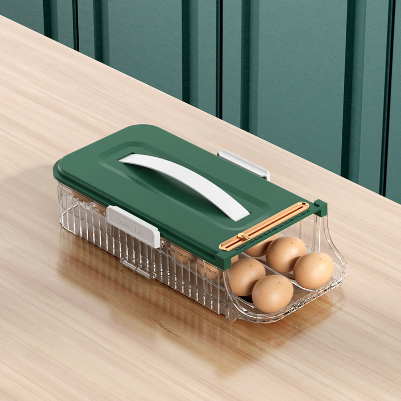 Green egg holder with clear container on a wooden surface