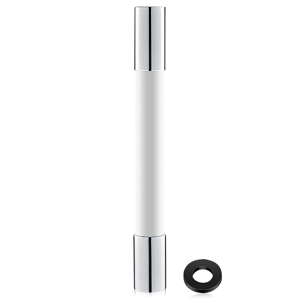 Chrome cylindrical object with a black ring on a white background