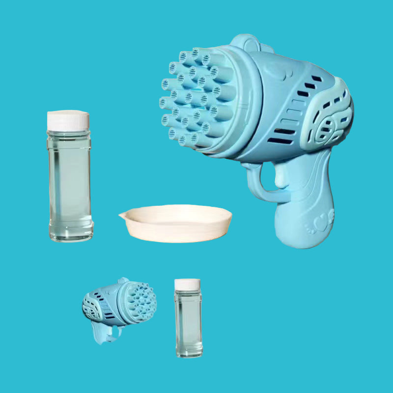 Blue bubble gun with accessories on a beige background