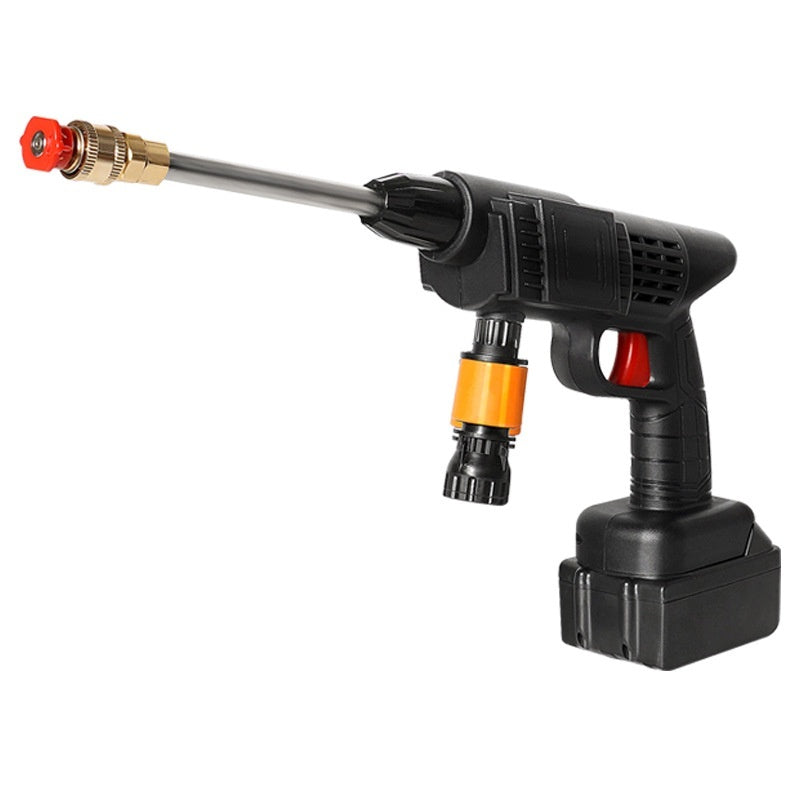 Black pressure washer gun with various nozzles on a white background