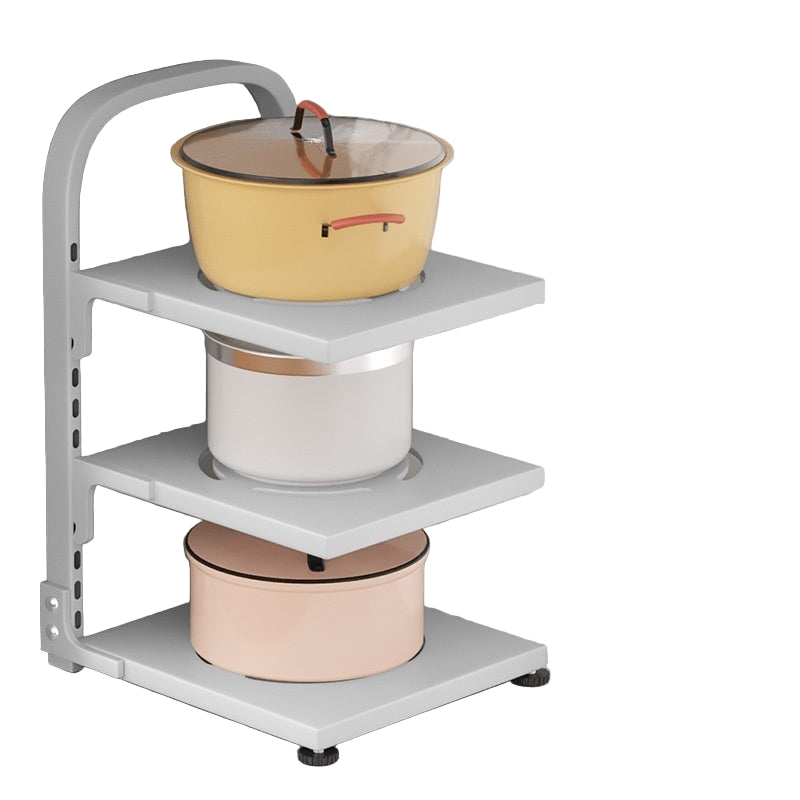 Three-layer storage shelf with adjustable feet, shown with pots on a neutral background