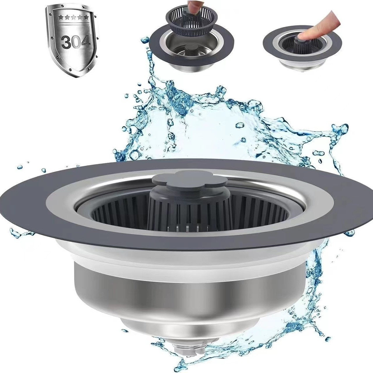 Stainless steel sink drain with water splashes and a 304 stainless steel badge on a white background