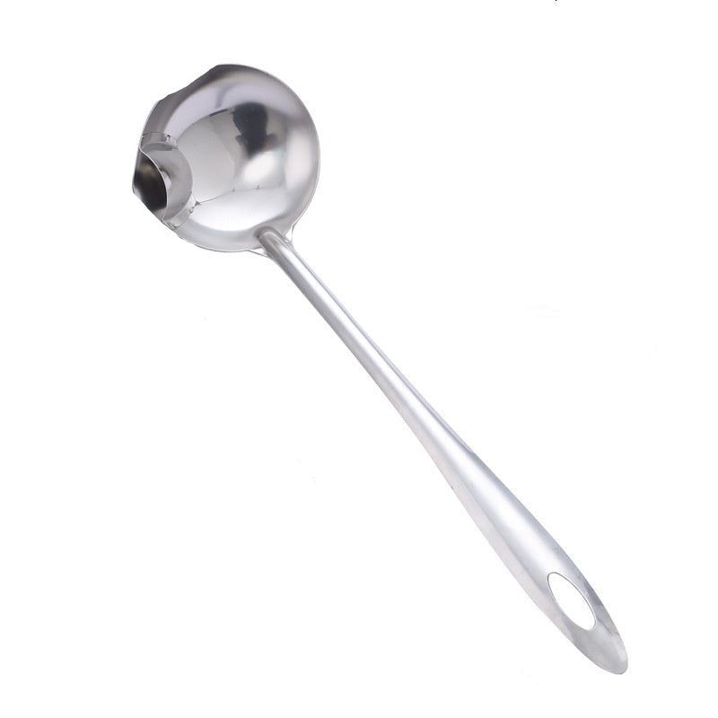 Stainless steel ladle with measurements and weight details on a white background