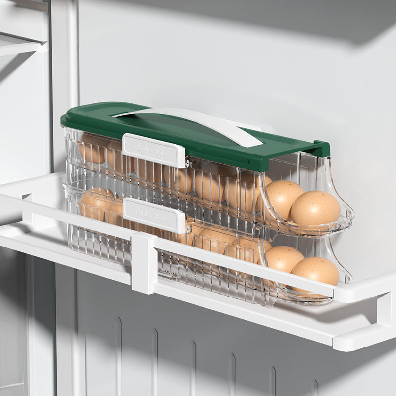 Egg storage container with eggs inside a cabinet