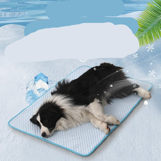 Dog lying on a cooling pad with 'A Summer Dream' text and summer elements.