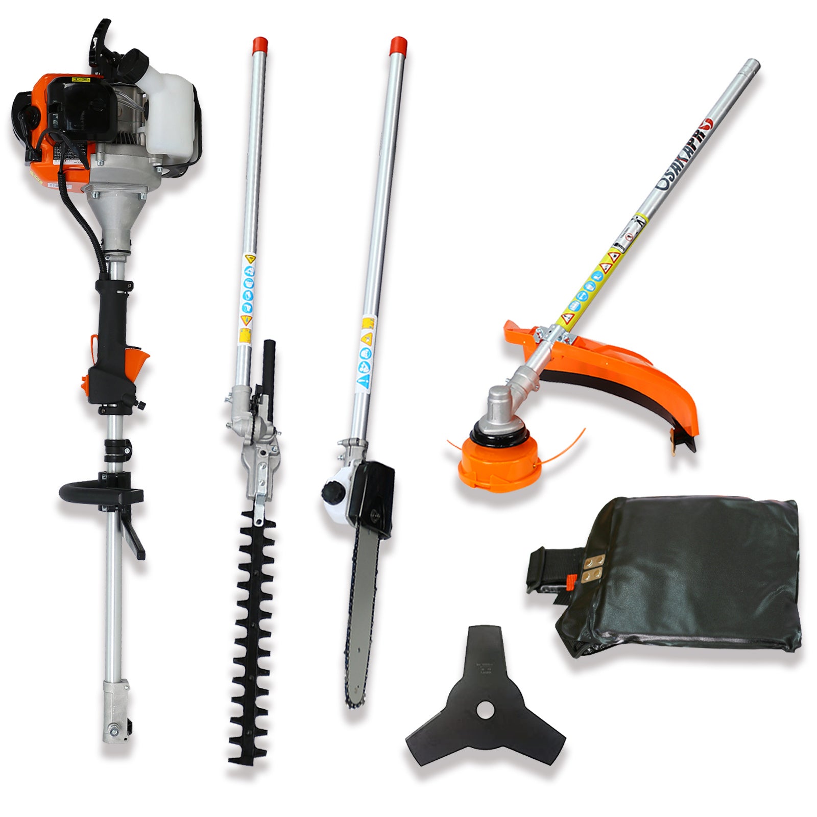 Gardening tool set with trimmer, hedge trimmer, and additional attachments on a white background