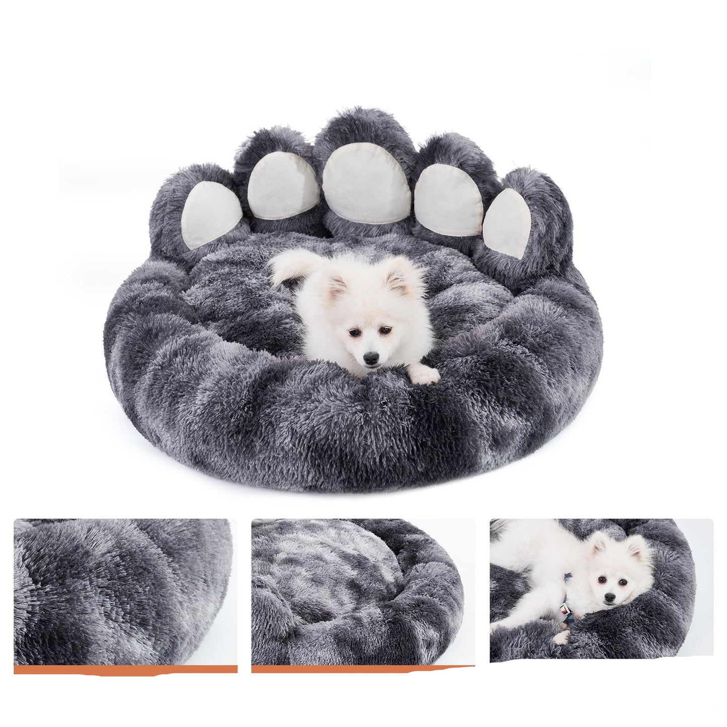 Gray paw-shaped pet bed with a white dog inside, featuring text about the product's benefits.