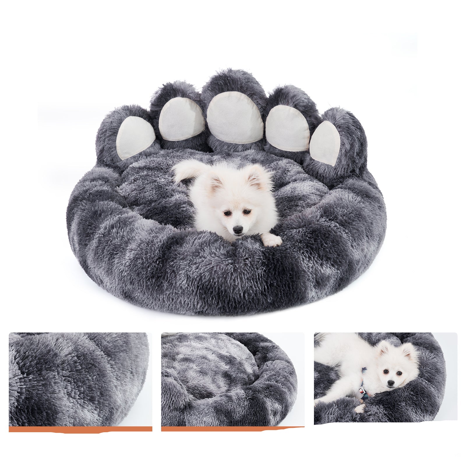 Gray paw-shaped pet bed with a white dog inside, featuring text about the product's benefits.