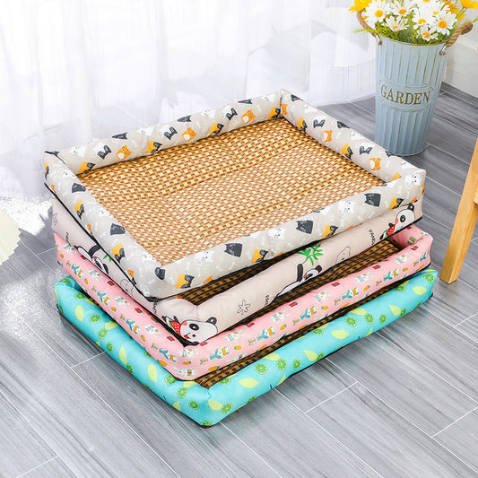 Stack of colorful mats with cartoon designs on a wooden floor.