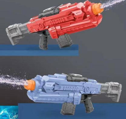 Two toy water guns, one red and gray, the other blue and gray, on a gradient background.