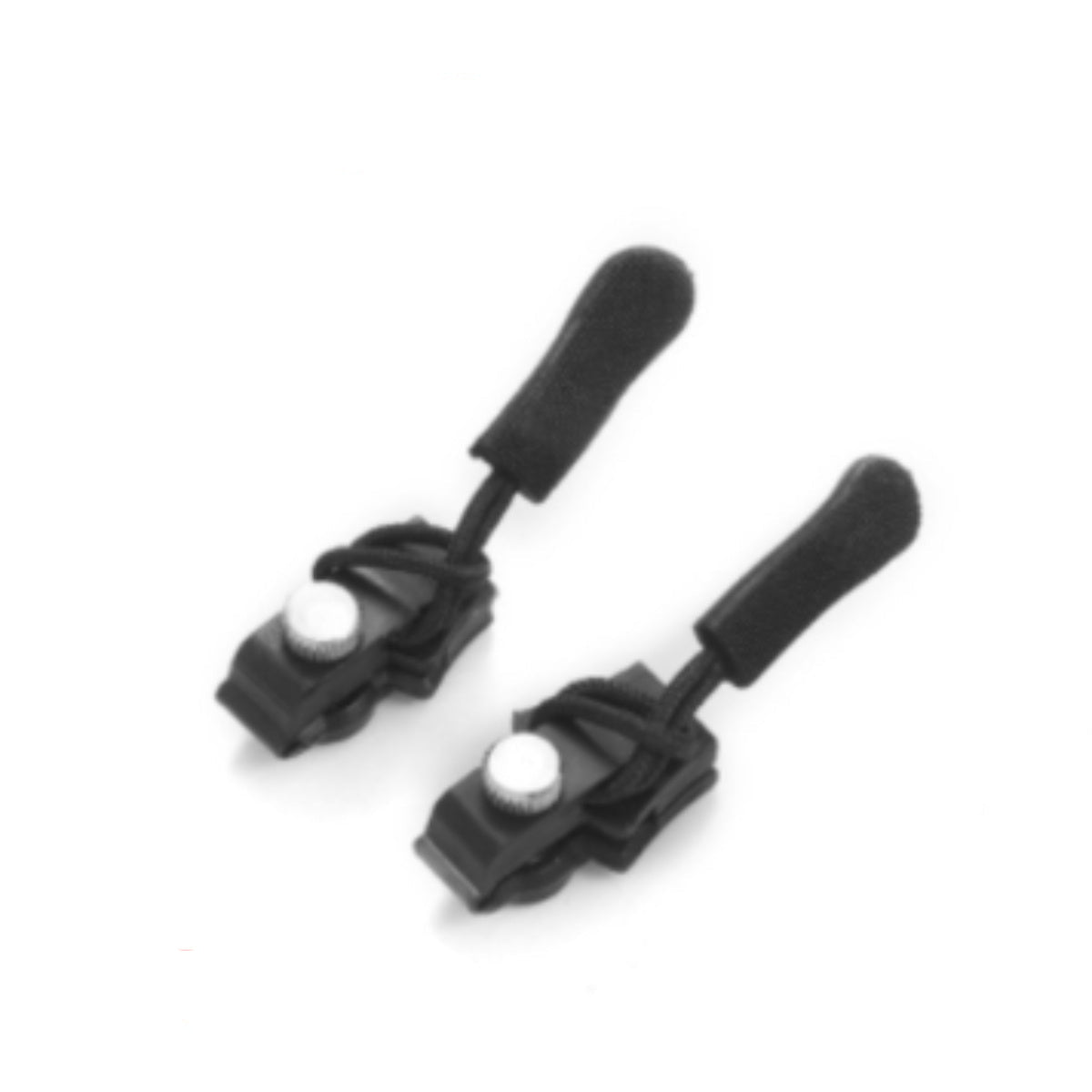 Two black plastic clips with white buttons on a white background, labeled '100pcs' and 'Medium'.