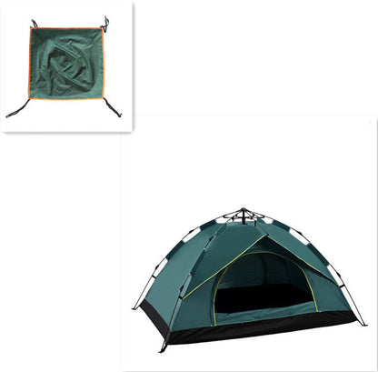 Green camping tent with carrying bag on a white background