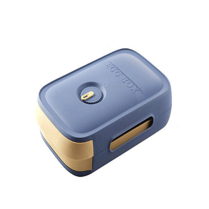 Blue and gold compact box with dimensions labeled on a white background
