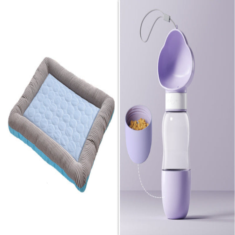 Pet bed with quilted design and a purple and white pet product on a light gray background