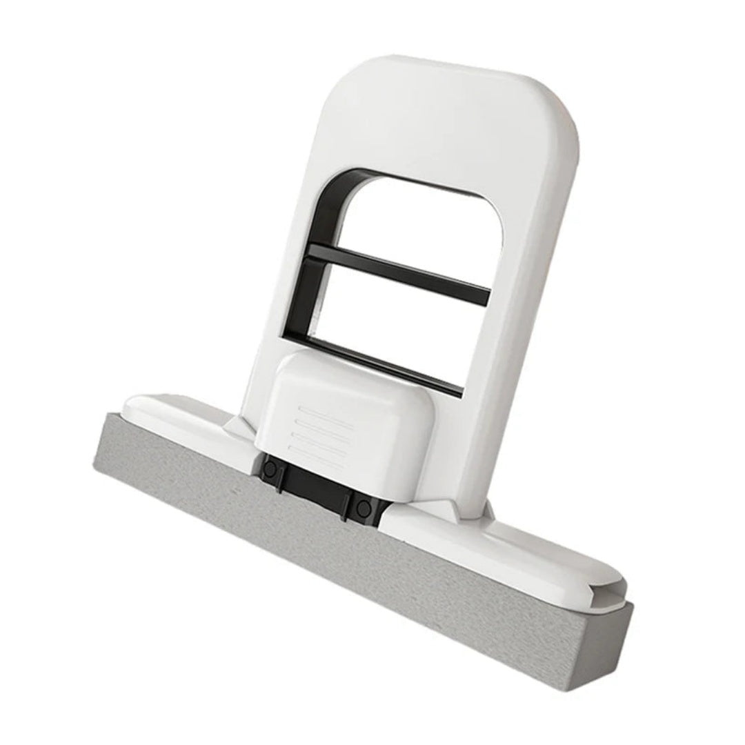 White squeegee with black handle on a white background