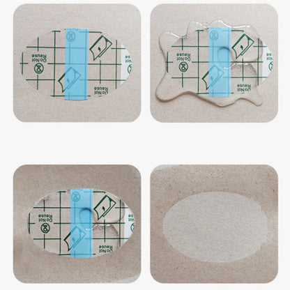 Four square tiles with different designs on a beige background