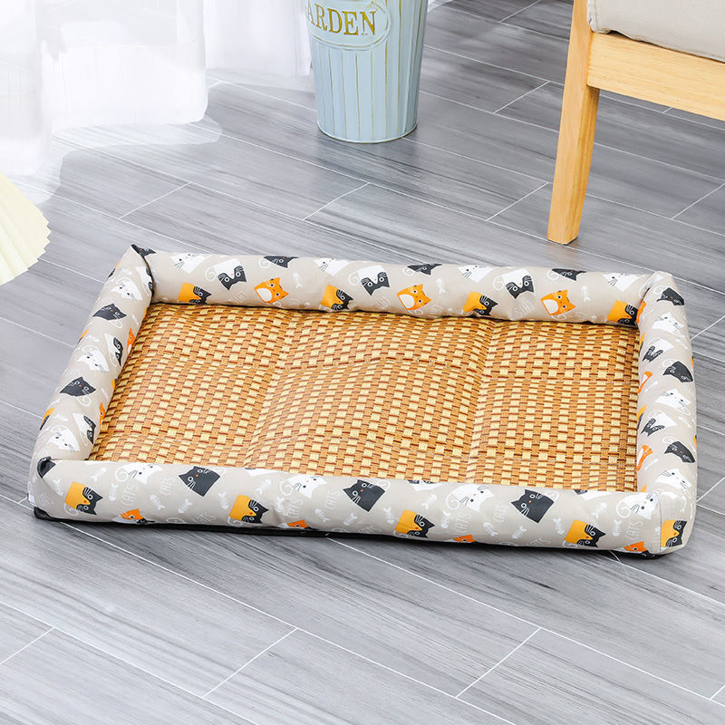 Pet bed with wicker design on a wooden floor