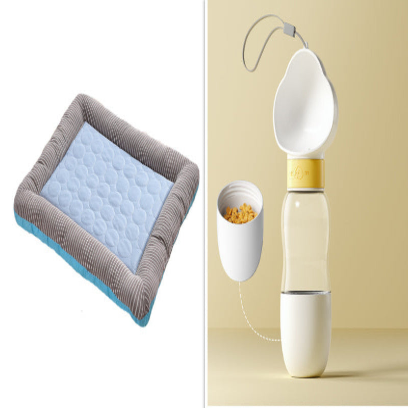 Split image showing a quilted mat on the left and a breast pump on the right.