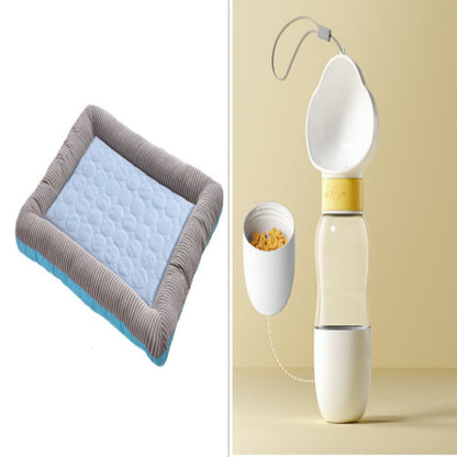 Split image showing a quilted mat on the left and a breast pump on the right.