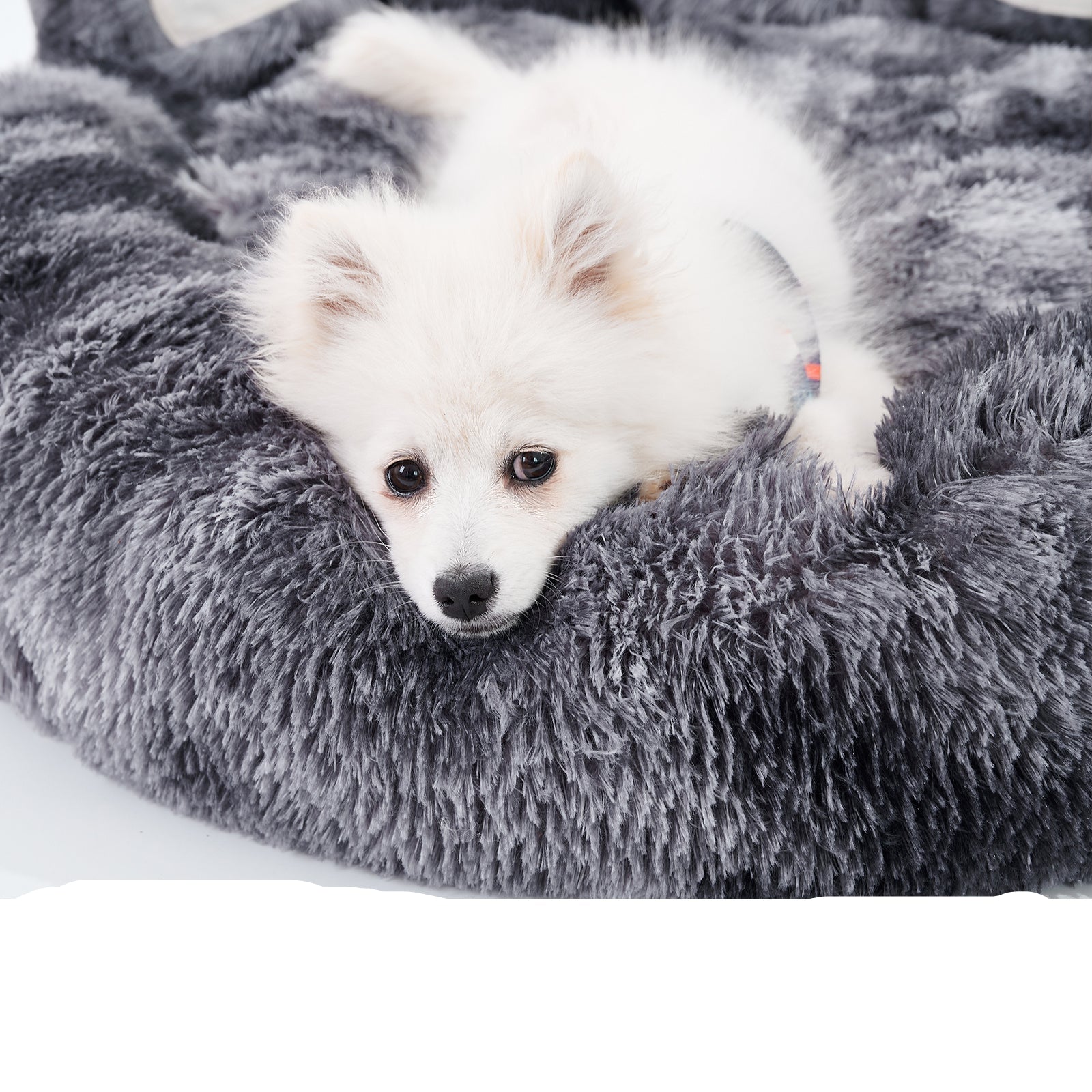 White dog on a gray fluffy pet bed with text 'Perfect Support for Pets' Neck'.