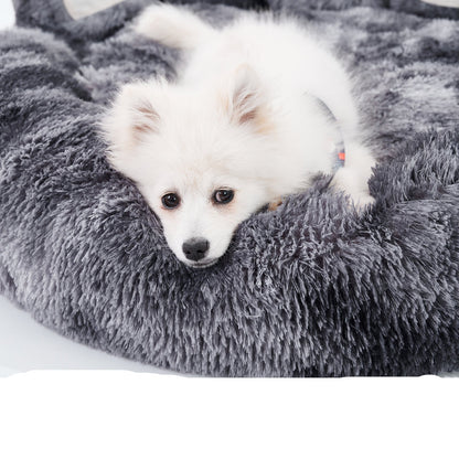 White dog on a gray fluffy pet bed with text 'Perfect Support for Pets' Neck'.