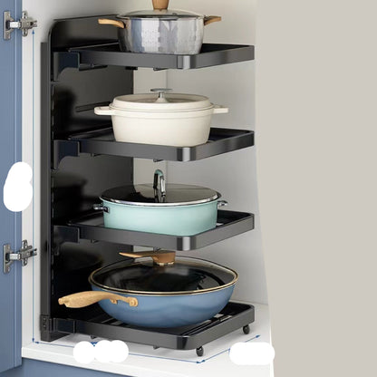 Corner cabinet organizer with pots and pans inside, showing dimensions.