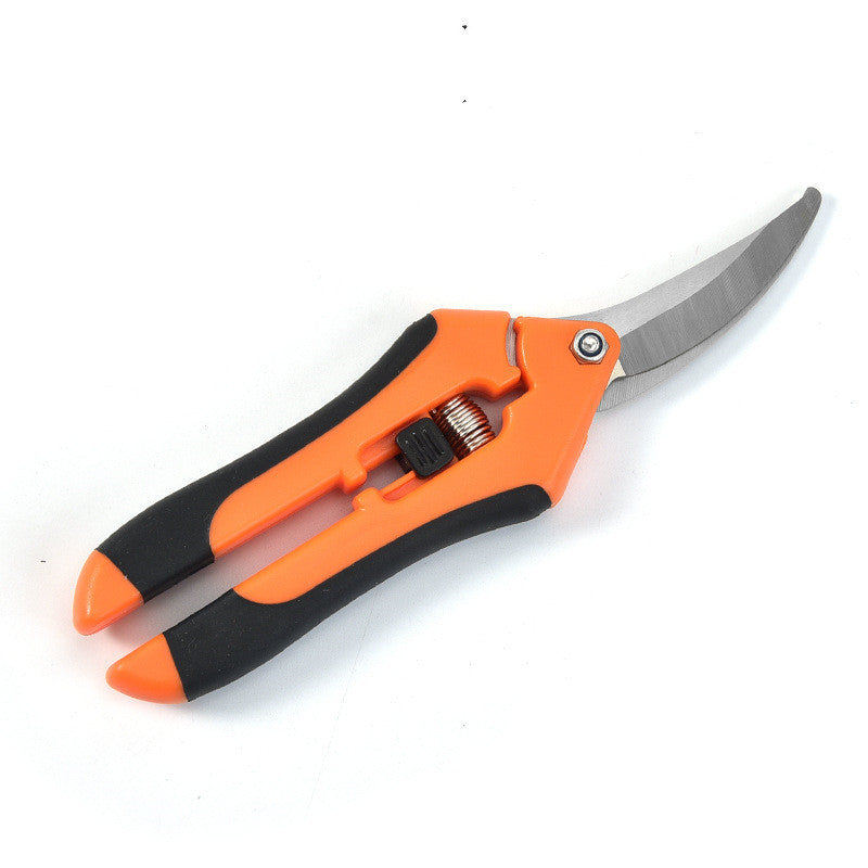 Orange and black gardening shears on a white background