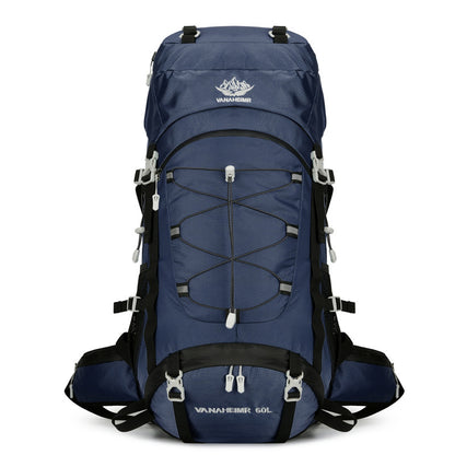 Blue backpack with black straps on a white background