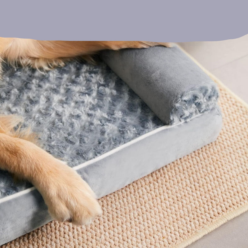 Dog lying on a soft, plush, and velvet pet bed with text describing its texture.