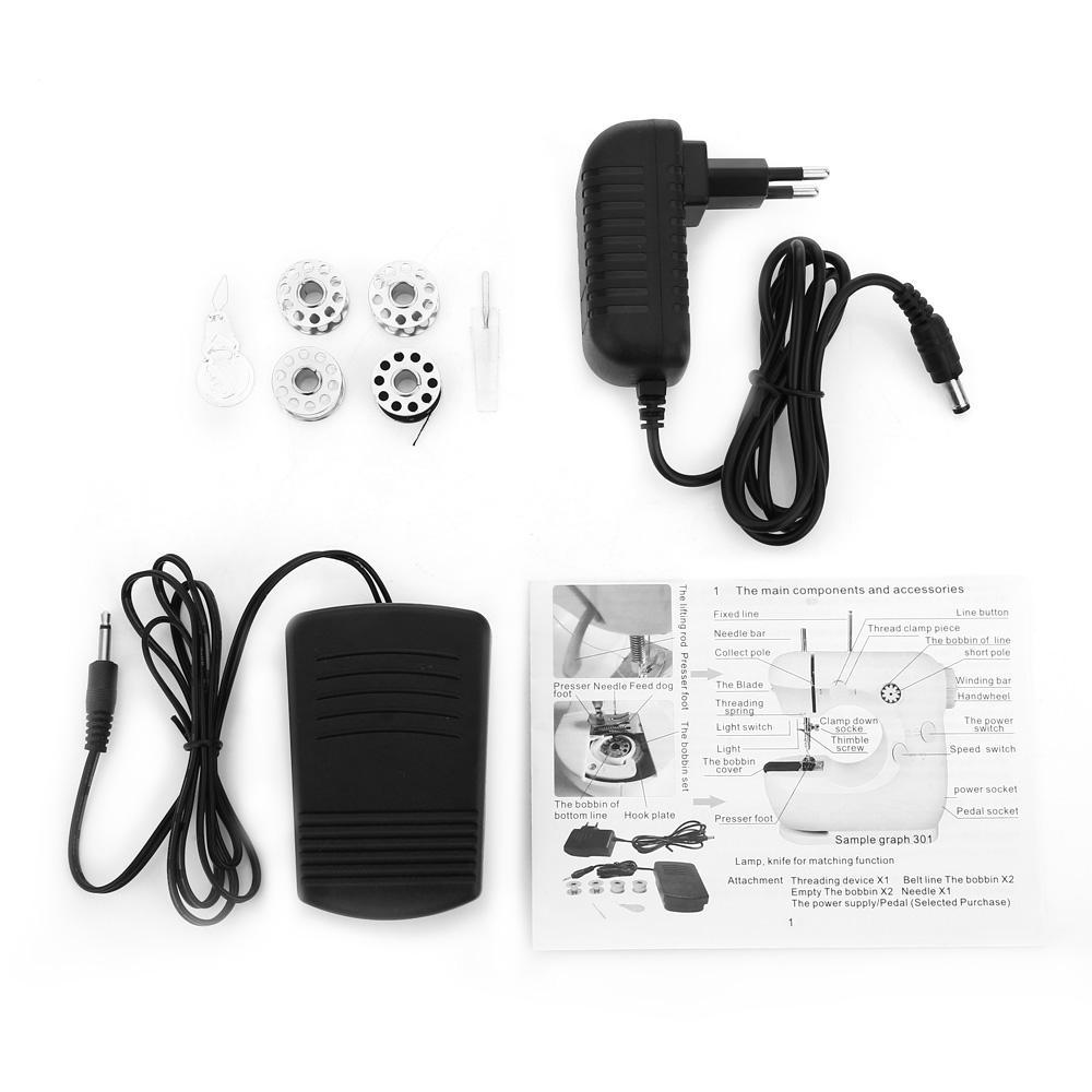 Set of sewing machine accessories including a power adapter, foot pedal, and spools on a white background.