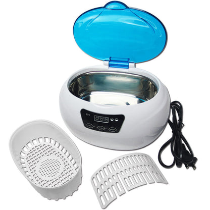 Ultrasonic cleaner with blue lid and accessories on a white background