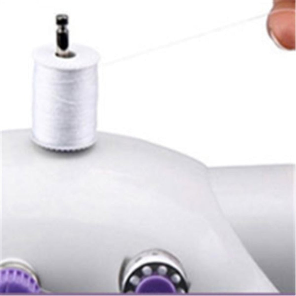 Close-up of a sewing machine with a spool of white thread on a white background