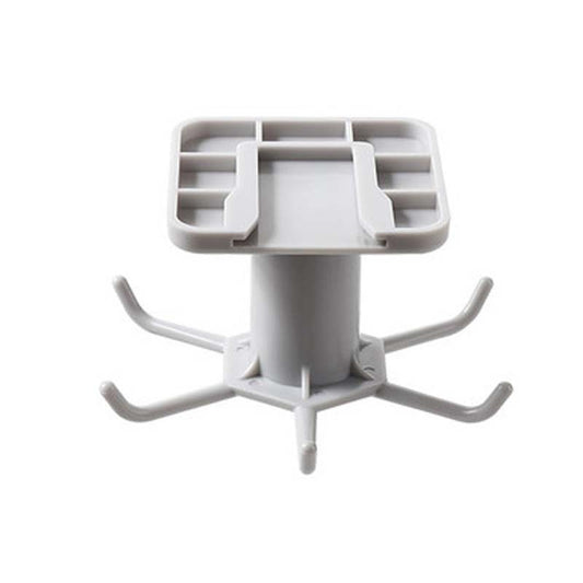 White plastic stand with multiple hooks on a white background