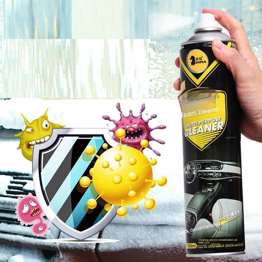 Foam Cleaner can with a hand holding it, surrounded by cartoon viruses and a shield graphic.